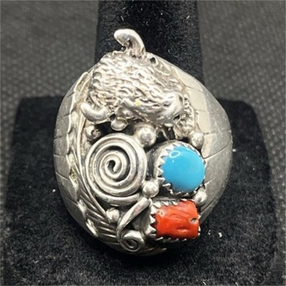 VTG Navajo Signed R Sterling Buffalo Cabachon Ring Sz 10.75 Turquoise Coral 26g
